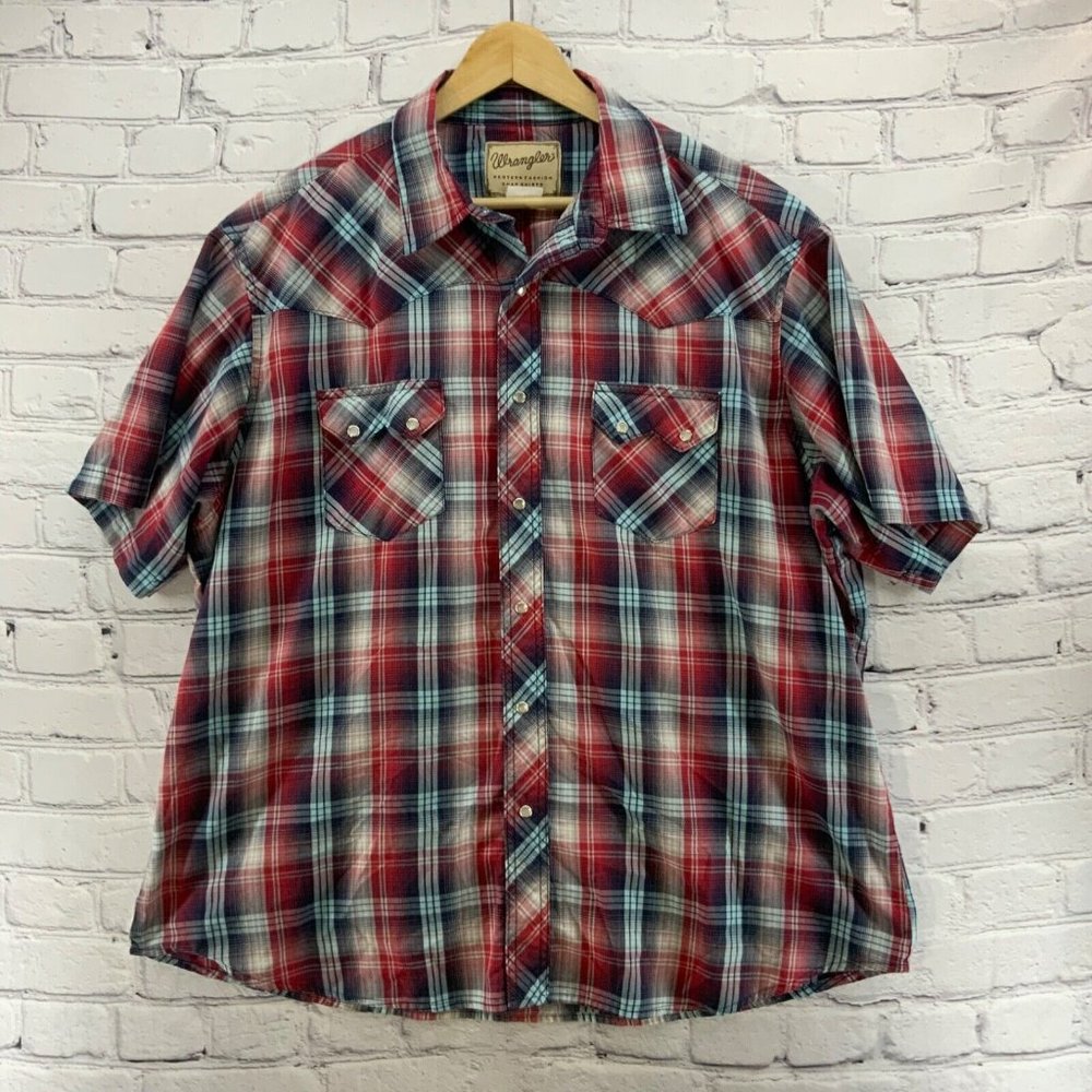 Wrangler Western Shirt Pearl Snap Plaid Red Blue‎ Mens Sz XXL